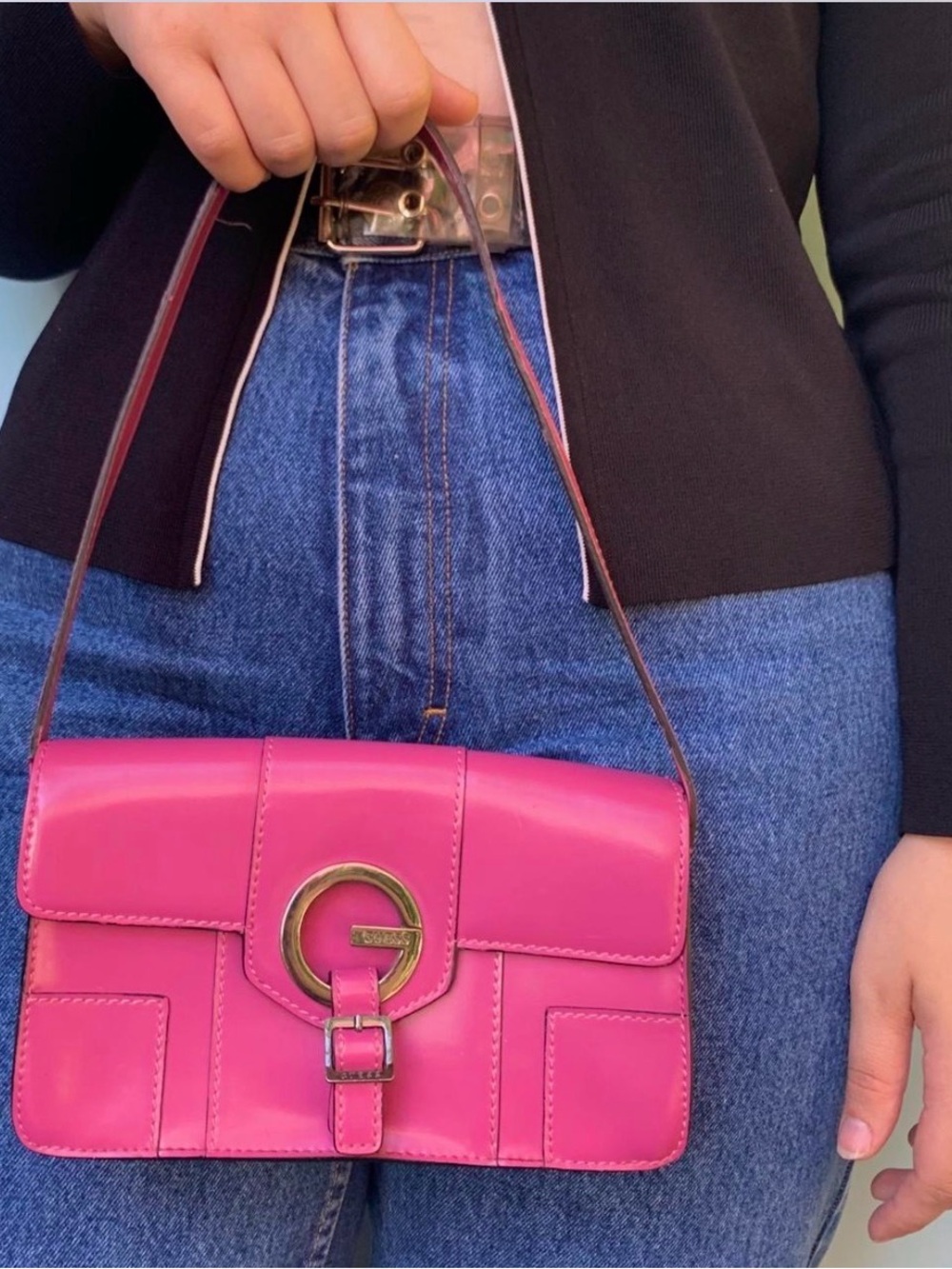 Vintage Guess Pink Leather Shoulder Bag with Logo Ring Accent